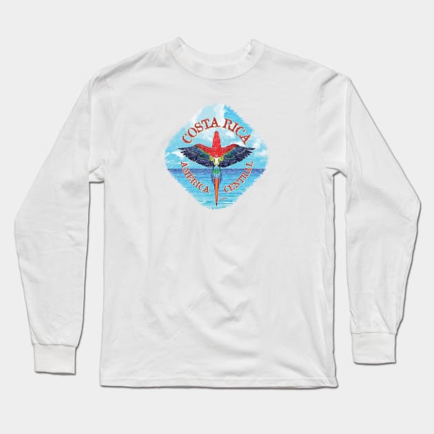 Costa Rica, Scarlet Macaw Flying Over the Sea Long Sleeve T-Shirt by jcombs